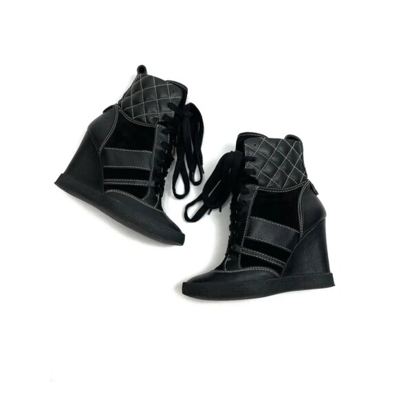 Chloe Black Lace Up Wedge Boots - Picture 2 of 6